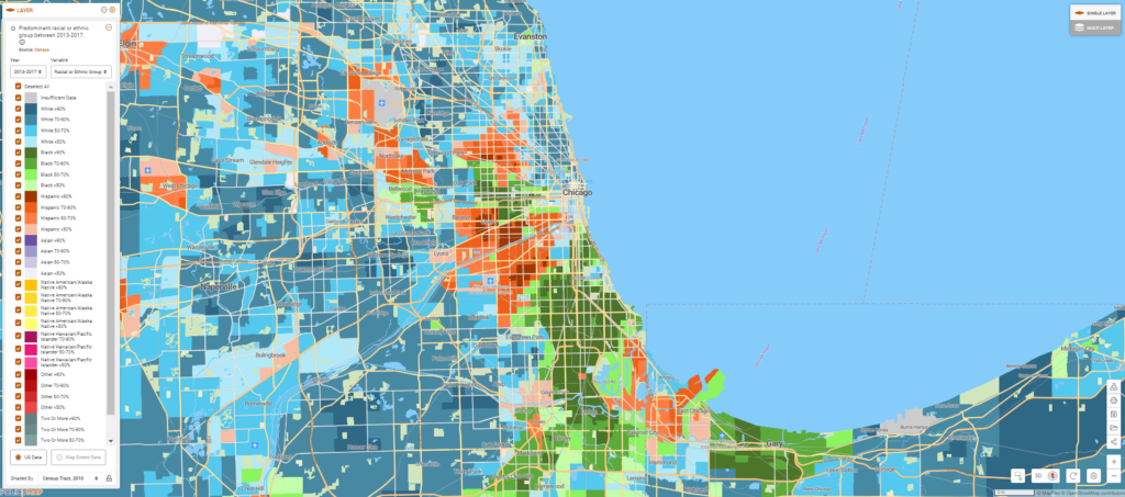 Map of predominant race in Chicago. Southern and northwestern areas have higher Black populations.