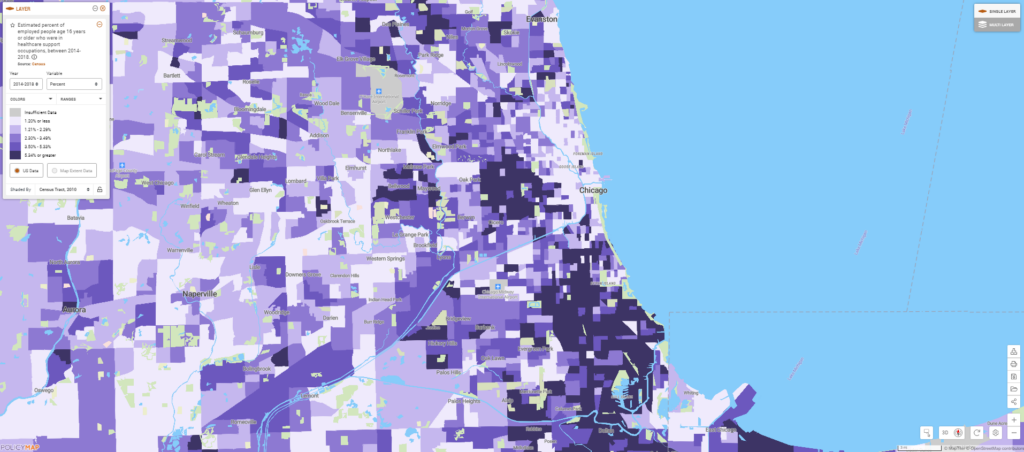 Map of health support jobs in Chicago. South and northwestern areas have higher rates.