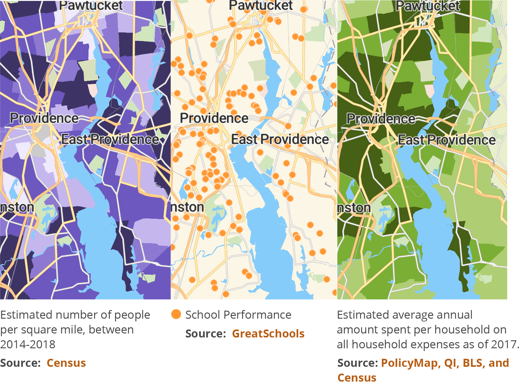 Maps showing Population, School Performance, and Consumer Spending