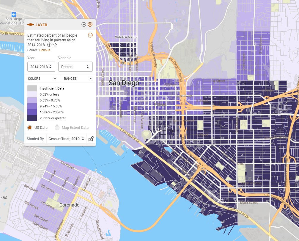 Map of San Diego, CA showing estimated percent of all people that are living in poverty as of 2014-2018 