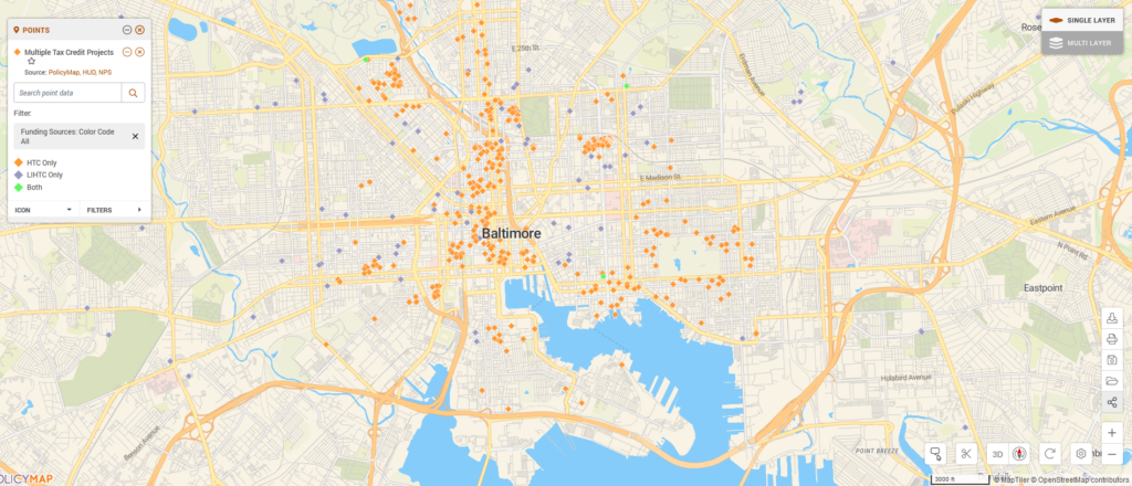 Map of Baltimore, MD displaying Historical Tax Credit and Low-Income Housing Tax Credit developments. 