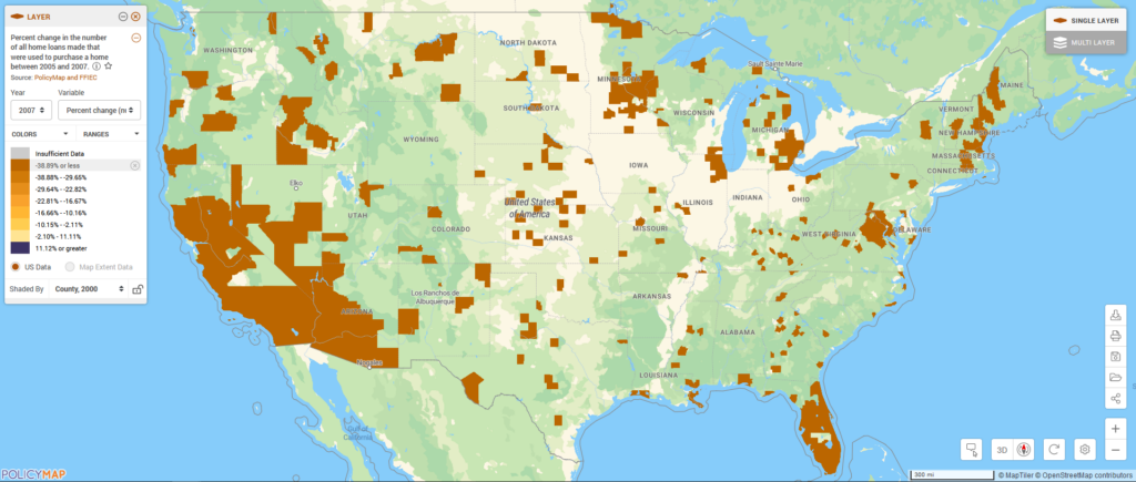 Map of the United States shows the highest negative percent changes in the number of all home loans that wer