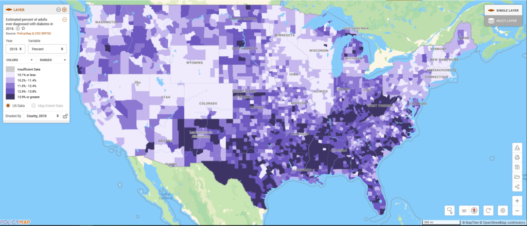 Map of United States showing estimated percent of adults ever diagnosed with diabetes in 2018