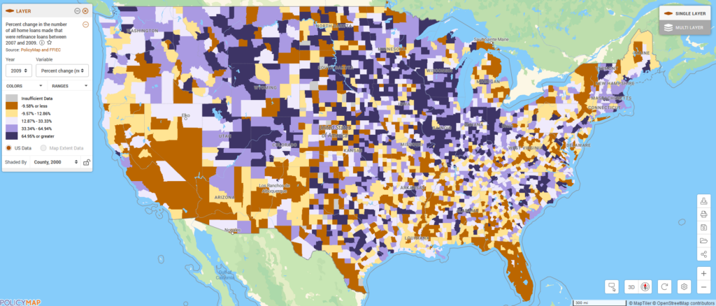 Map of United States shows the percent change in the number of all home loans made that were refinanced loans between 2007 and 2009