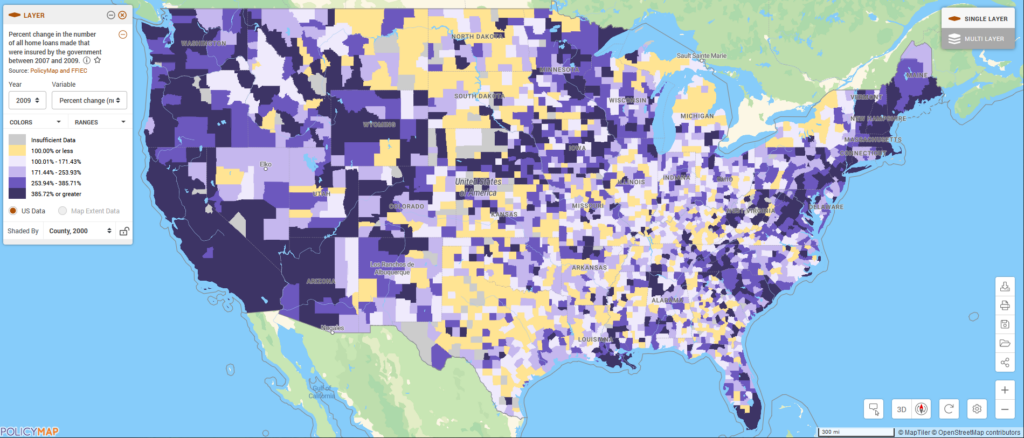 Map of the United States shows the percent change in the number of all home loans made that were insured by the government between 2007 and 2009