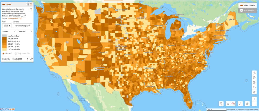 Map of the United States shows the percent change in the number of all home loans made that were used to purchase a home between 2007 and 2009