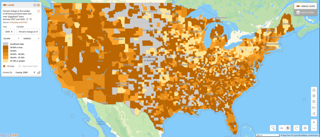 Map of United States shows the percent change in the number of all home purchase loans that were "piggyback" loans between 2007 and 2009
