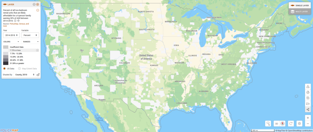 Map of the United States showing the lowest percent of all two-bedroom rental units that are likely affordable for a 4-person family earning 30% of AMI between 2014-2018