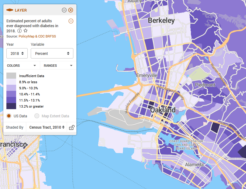 Map of Oakland, CA shows the percent of adults ever diagnosed with diabetes from 2018 data shaded at the census tract level. 