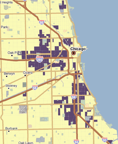 Chicago, 1990. R/ECAP census tracts shaded in purple