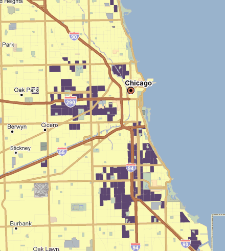 Chicago, 2000. R/ECAP census tracts shaded in purple