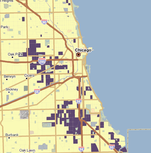 Chicago, 2010. R/ECAP census tracts shaded in purple
