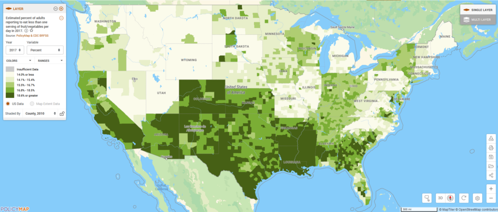 Map of United States shows estimated percent of adules reporting to eat less than one serving of fruits/vegetables per day in 2017. Majority of counties in the south and southwest have the highest percentages. 