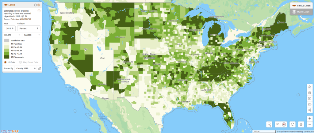 Map of United States showing the estimated percent of adults reporting to have ever smoked cigarettes in 2018. 