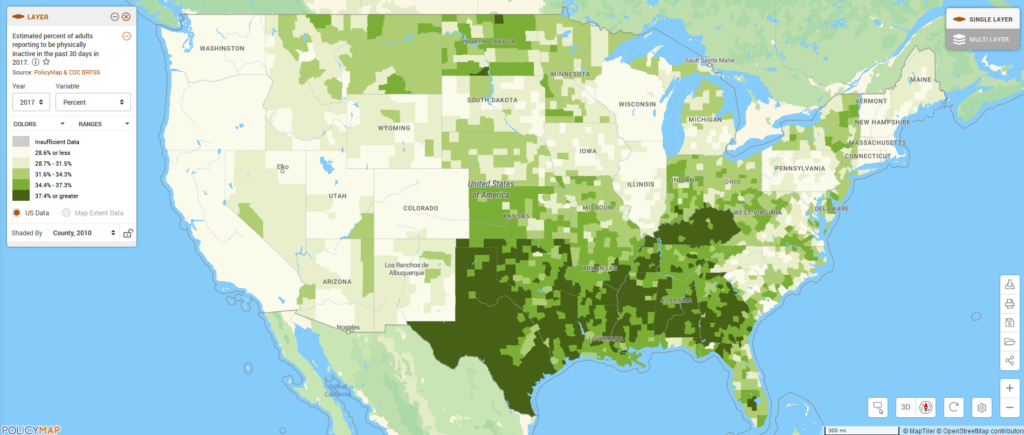 Map of United States displaying estimated percent of adults reporting to be physically inactive in the past 30 days in 2017. The highest percentages are in the south. 