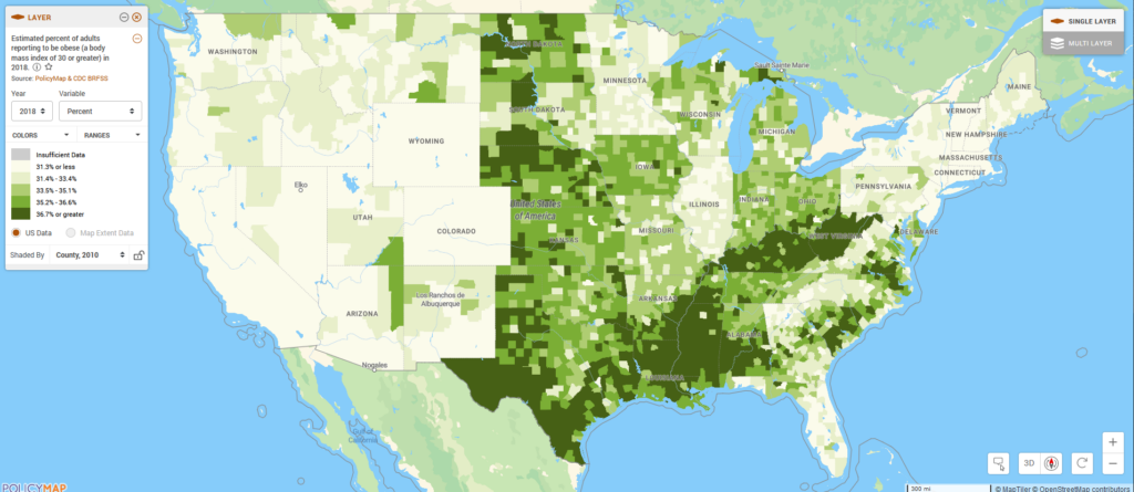 Map of United States shows the estimated percent of adults reporting to be obese (a body mass index of 30 or greater) in 2018. There are higher percentages in the south and mid west.