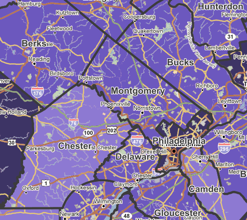 Map showing percent of people who commute by bicycle, by county