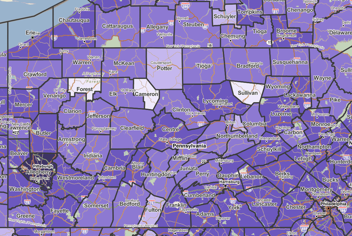 Map of population by county in Pennsylvania