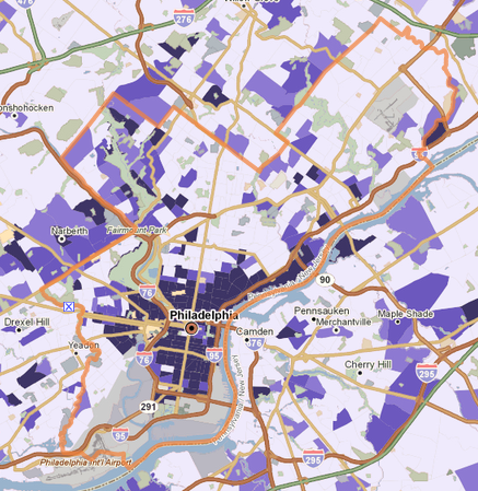Map of percent of people who bike to work, by tract
