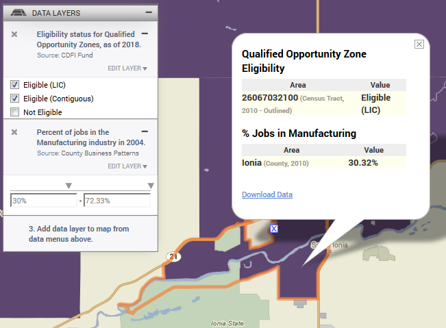 3 Layer Maps with Opportunity Zones and 2004 Manufacturing