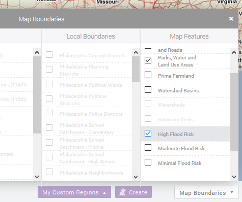 Map Boundaries menu with flood maps