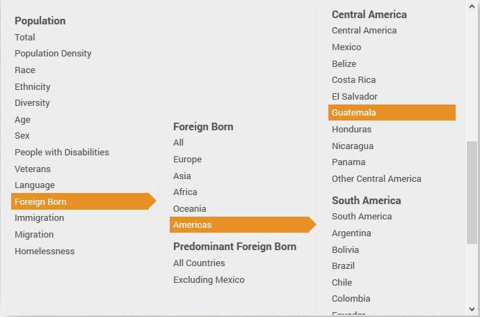 Foreign-born data in the Demographics menu