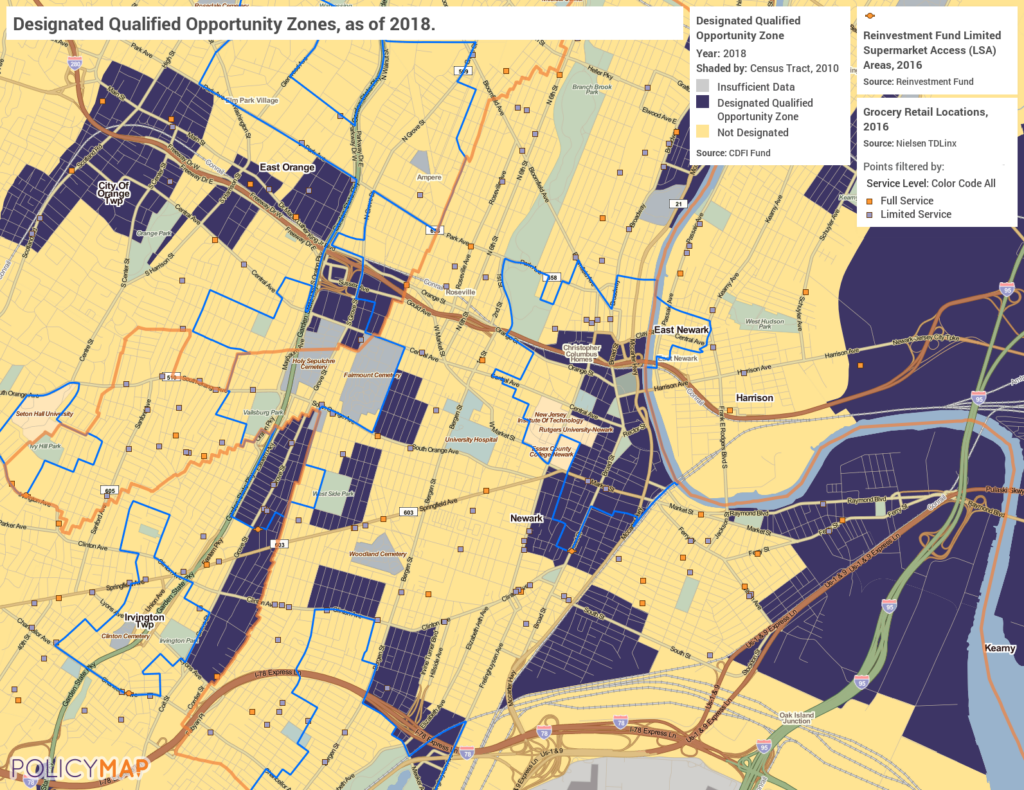 Qualified Opportunity Zones, Limited Supermarket Access Areas, and grovery retail locations in Newark