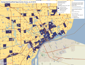 Qualified Opportunity Zones, Limited Supermarket Access Areas, and grovery retail locations in Detroit