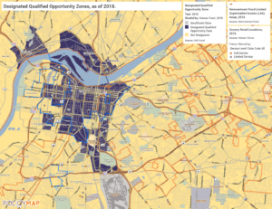 Qualified Opportunity Zones, Limited Supermarket Access Areas, and grovery retail locations in Louisville