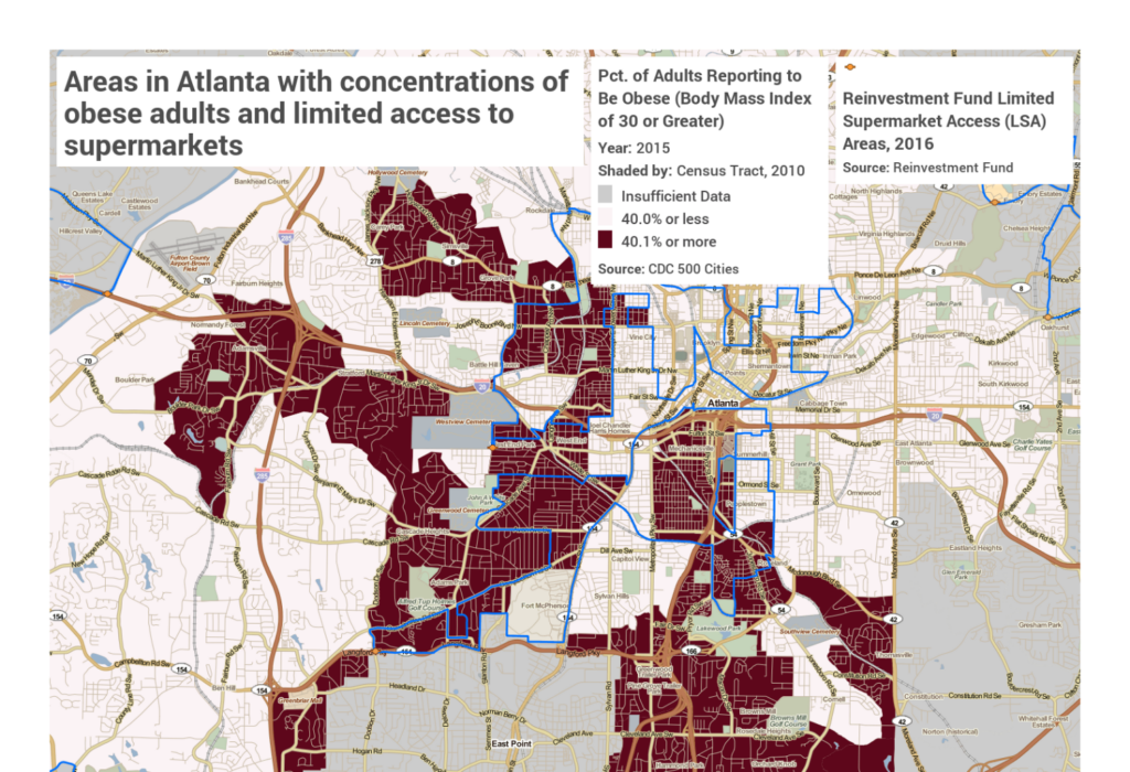 Areas in Atlanta with concentrations of obese adults and limited access to supermarkets