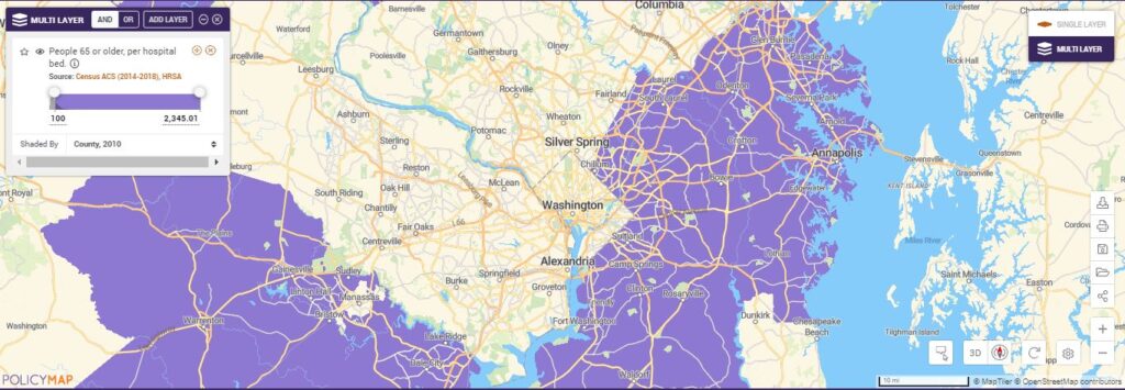 Map of people age 65 or older per hospital bed in the Washington D.C. area.