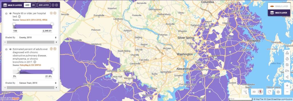 Map of people age 65 or older per hospital bed and estimated percent of adults with COPD in the Washington D.C. area.