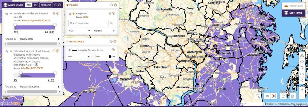 Map of people age 65 or older, percent of adults with COPD, hospital locations, and hospital service areas in the Washington D.C. area.