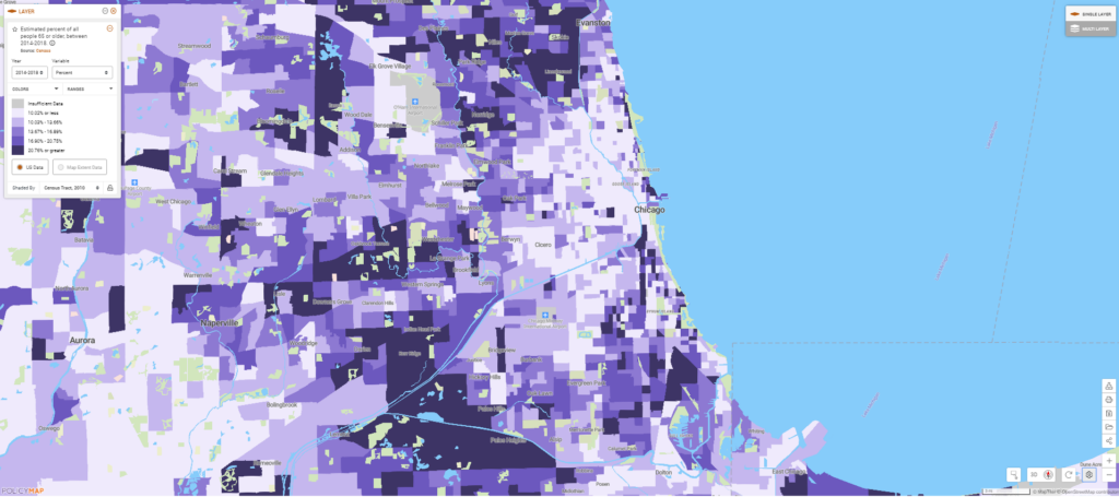 Map of people age 65 or older in Chicago. Slightly higher concentrations appear in the south and northwest.