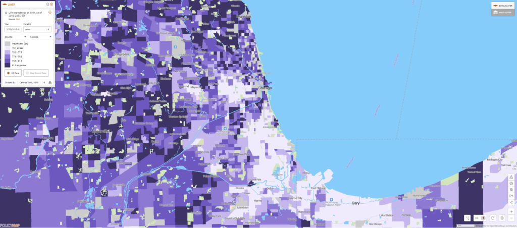 Map of life expectancy in Chicago. Southern and northwestern areas have lower life expectancies.