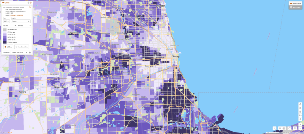 Map of hypertension rate in Chicago. Southern and northwestern areas have higher rates.