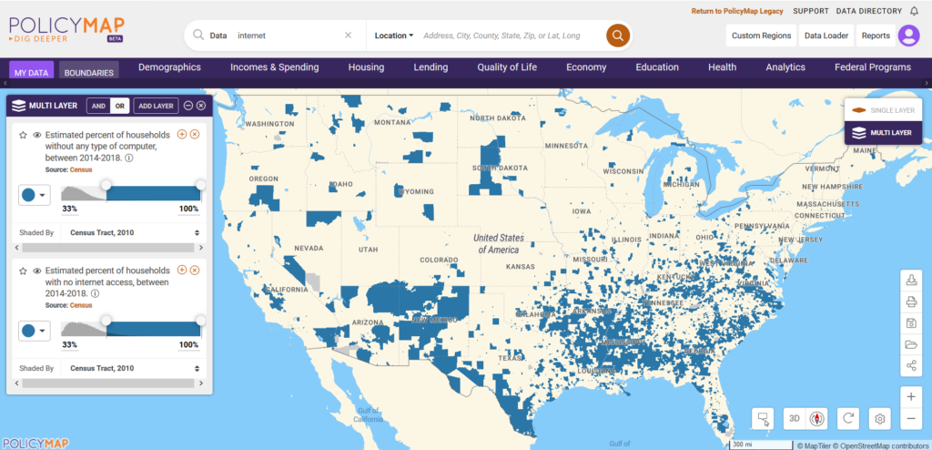 U.S. map highlighting areas where more than one-third of households do not have internet access or access to a computer or smartphone