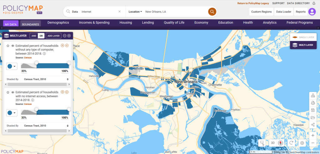 Map of New Orleans highlighting areas meeting the same criteria as the map above