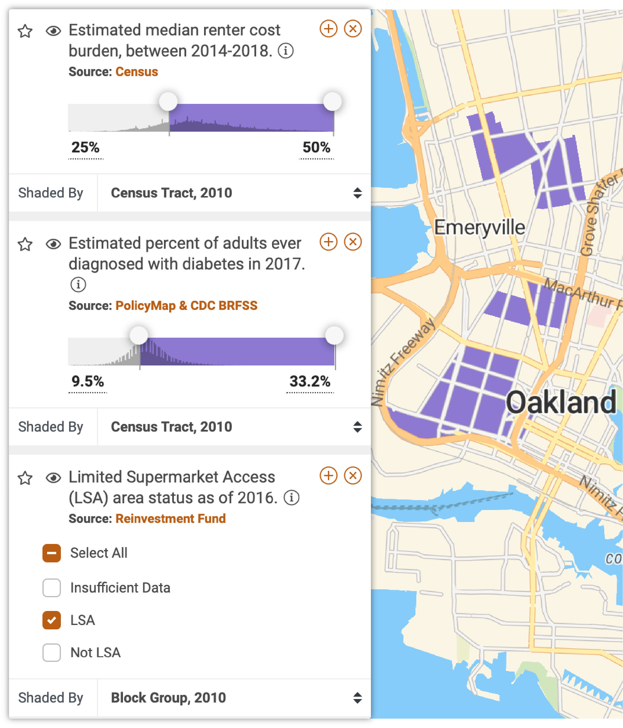 Map showing diabetes, renter cost burdens, and Limited Supermarket Access