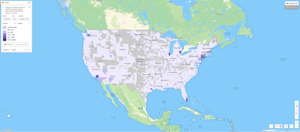 Map of the U.S. showing locations with largest increases in COVID-19 cases.