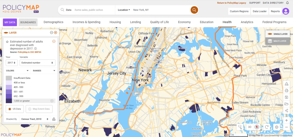 Map of New York City showing neighborhoods where 1,000 or more adults have been diagnosed with depression