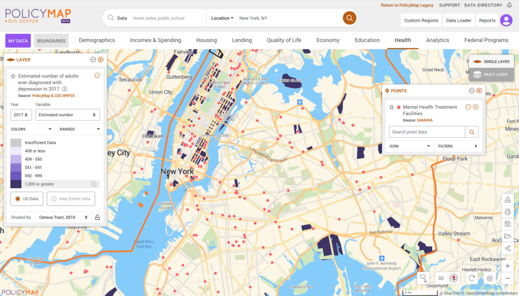 Map of depression in New York City and mental health treatment facilities