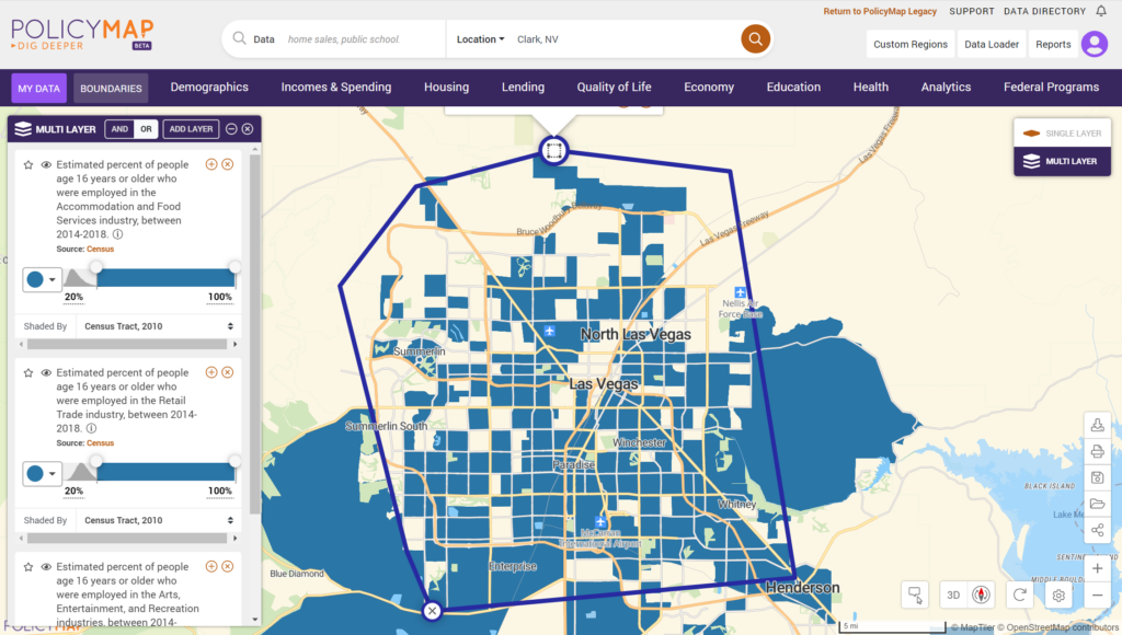 Map of Las Vegas showing service, retail, and entertainment employees, and also showing mental health and substance abuse treatment facilities