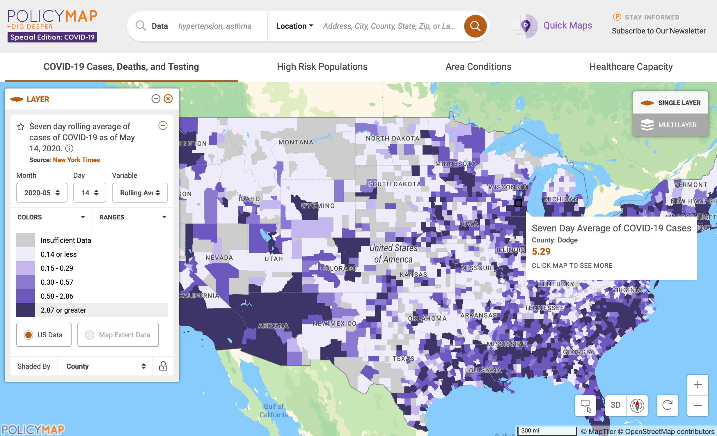 Map showing rolling 7-day average of Covid-19 cases across the U.S.