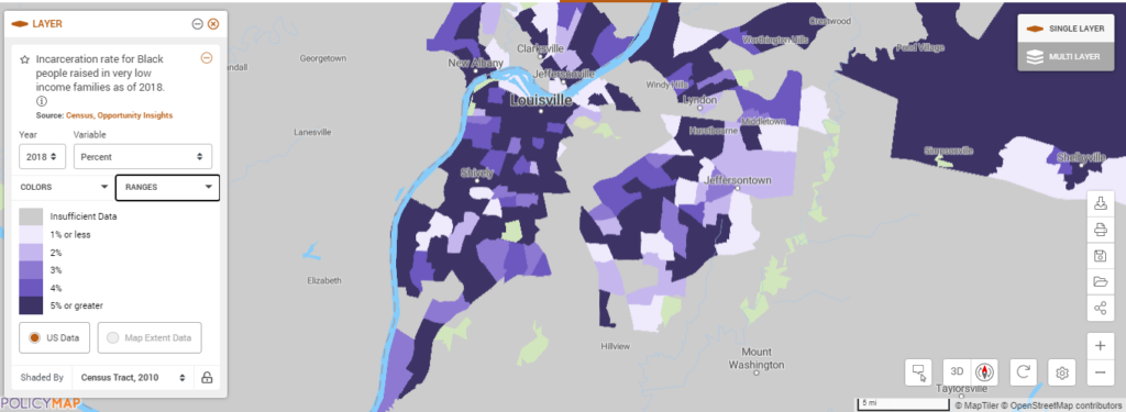 Map of incarceration rates for Black people raised in very low income families in Louisville, Kentucky.