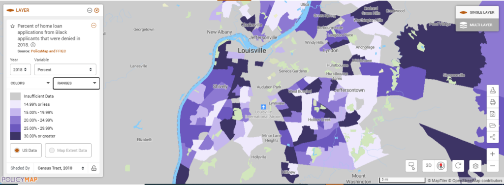 Map of mortgage denial rates for Black applicants in Louisville, Kentucky