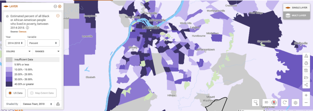 Map of Black people living in poverty in Louisville, Kentucky.