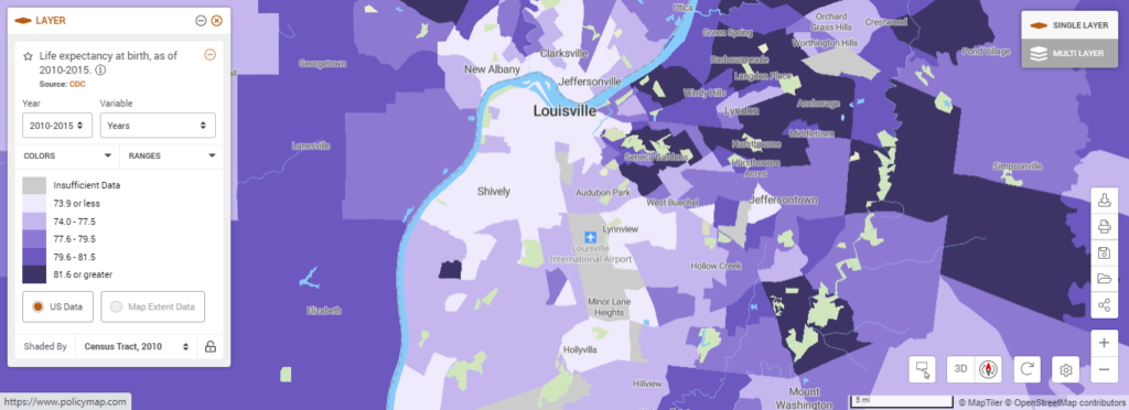 Map of average life expectancy in Louisville, Kentucky.