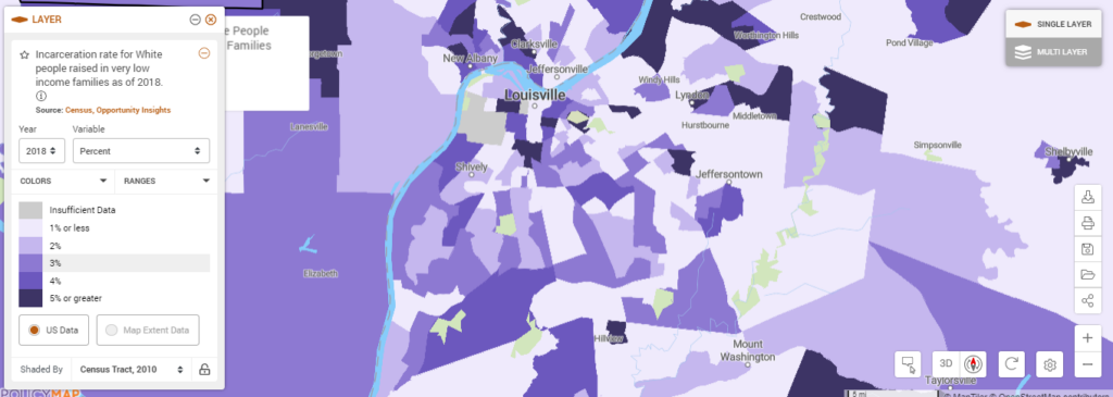 Map of incarceration rates for White people raised in very low income families in Louisville, Kentucky.