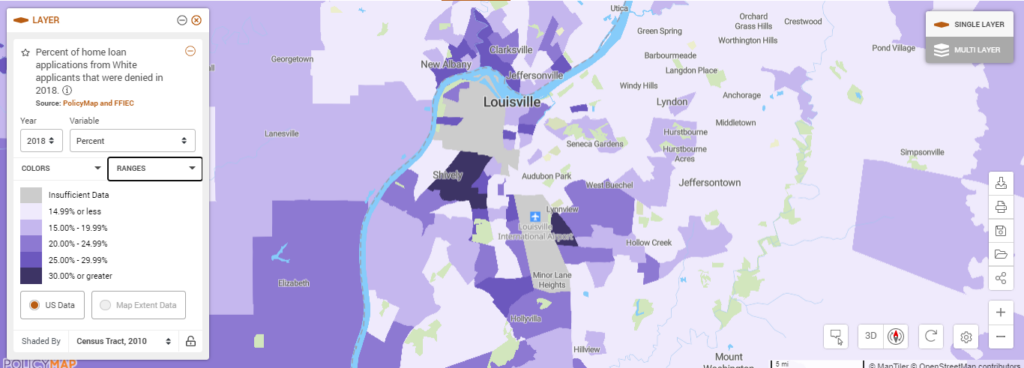 Map of mortgage denial rates for White applicants in Louisville, Kentucky